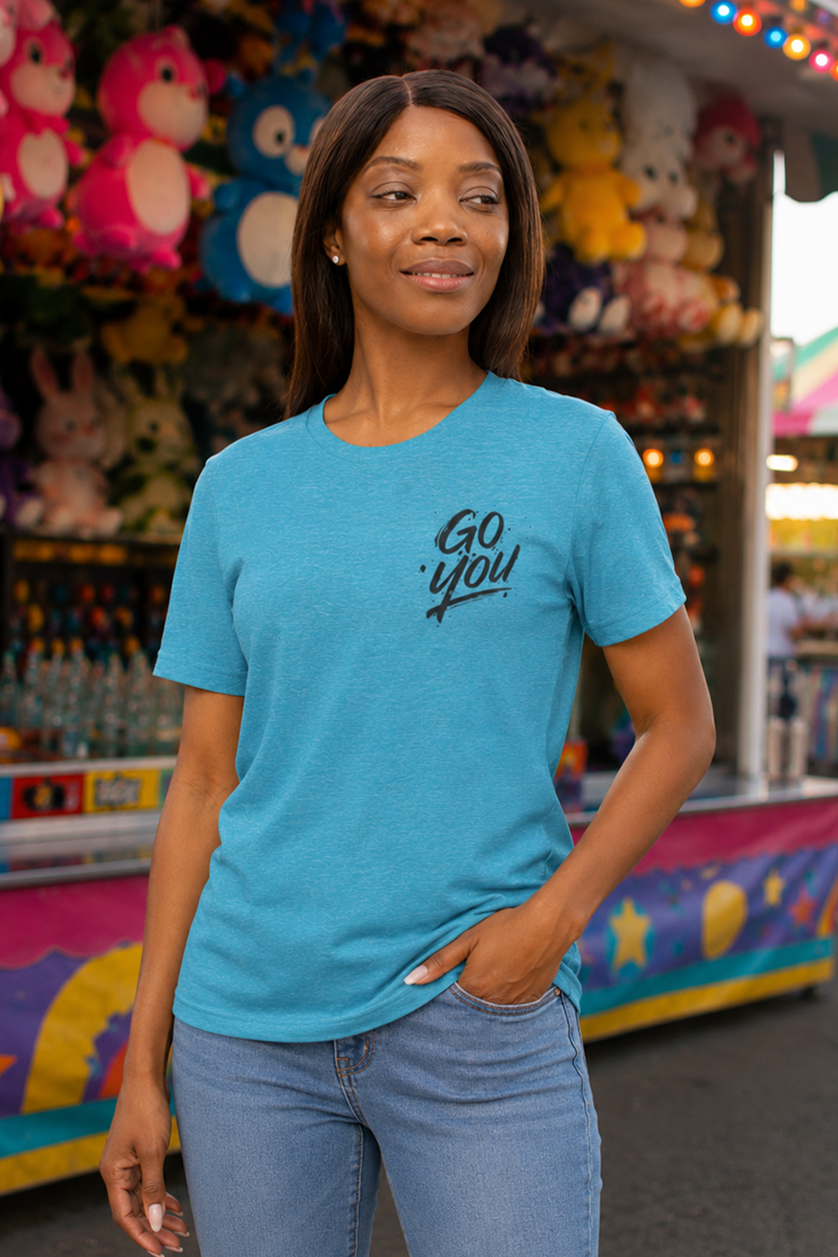 Woman wearing a blue t-shirt with 'Go you' text at a carnival.