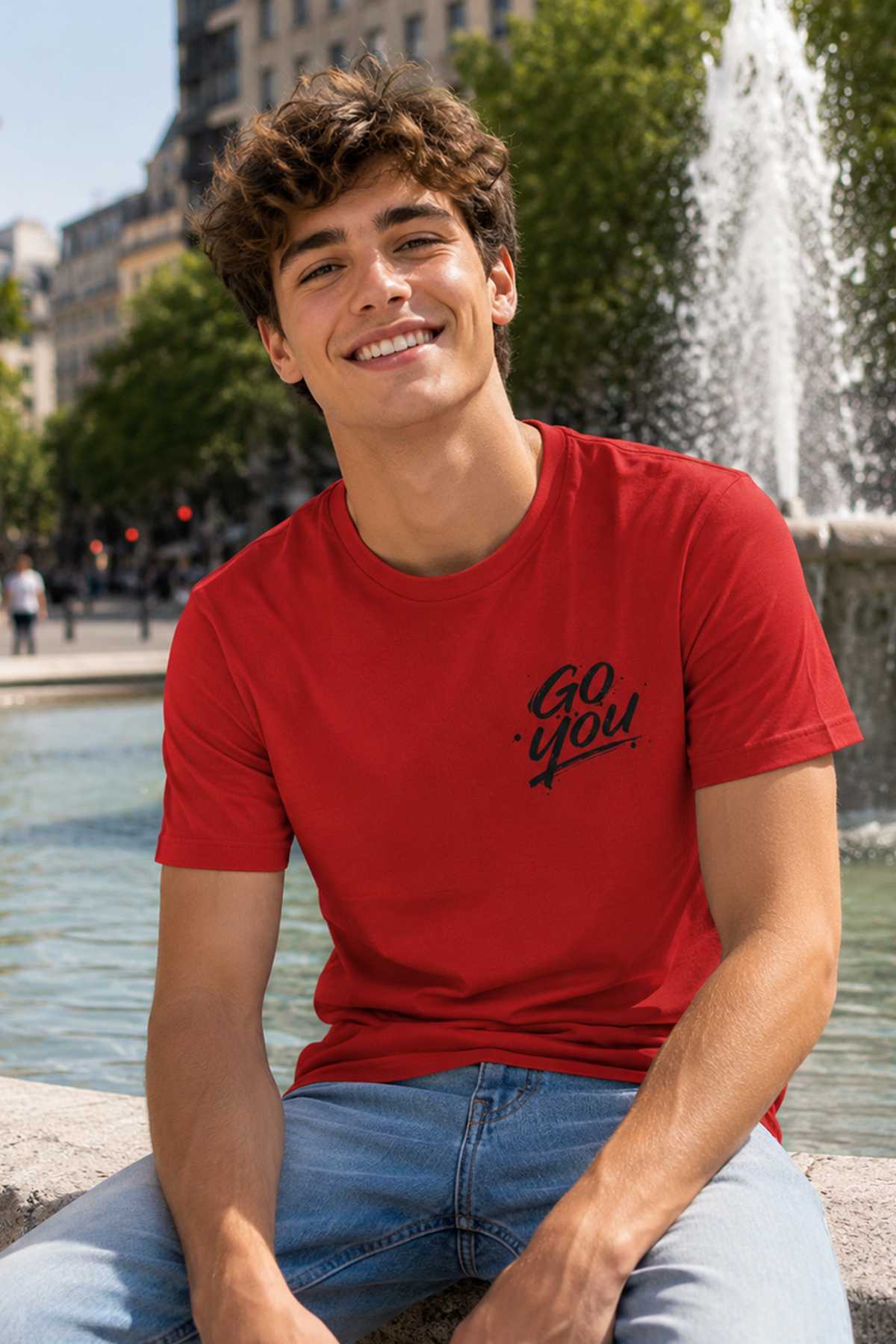 Person wearing a red t-shirt with 'Go You' text, sitting by a fountain.
